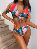Red women's printed split swimsuit with European style pattern for swimming and water sports