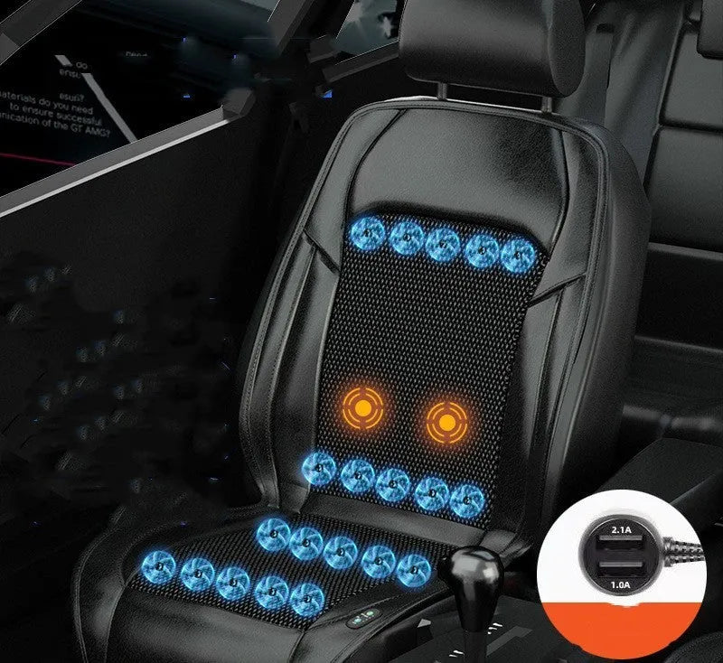 Car seat cooling cushion with ventilation grid and fan unit, shown in black colour