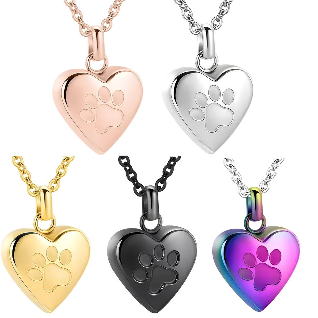 Openable heart-shaped titanium steel casket necklace with a paw print, on a chain.