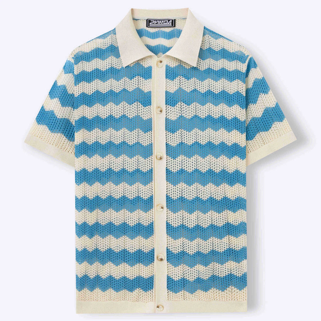 Short sleeve viscose jacquard sweater in yellow, blue, or brown with corrugated pattern