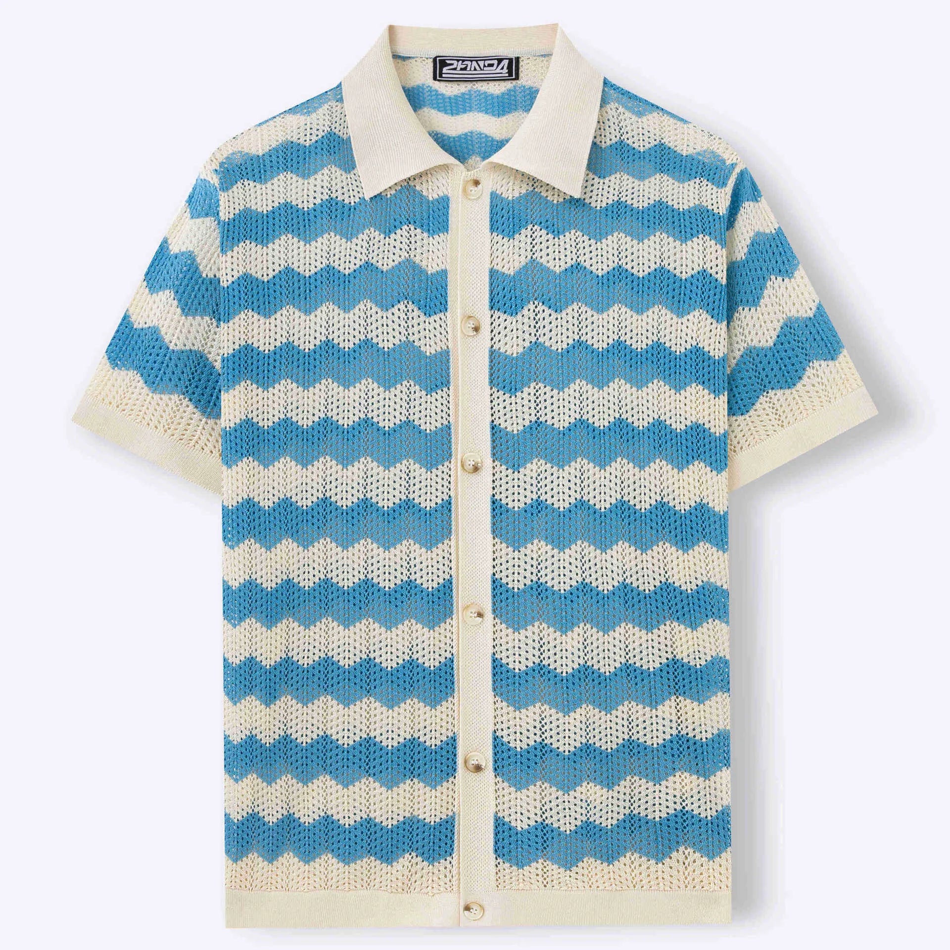 Short sleeve viscose jacquard sweater in yellow, blue, or brown with corrugated pattern