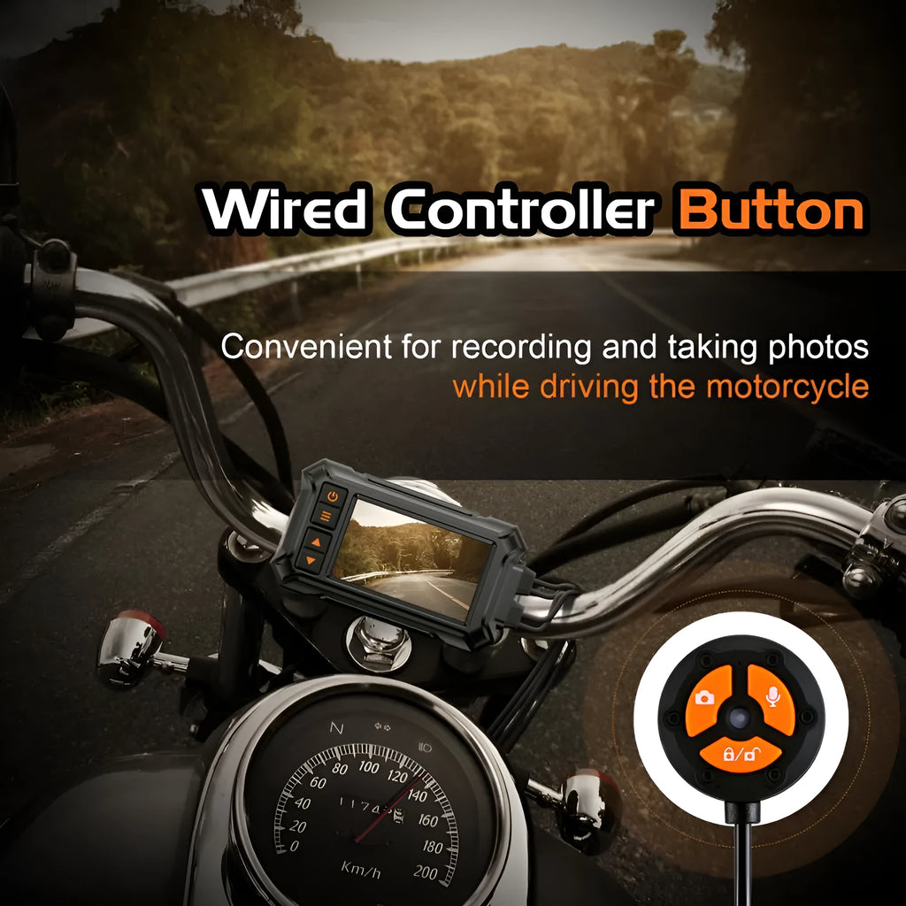 Motorcycle dual lens GPS recorder with 3 inch display showing waterproof body and mounting components