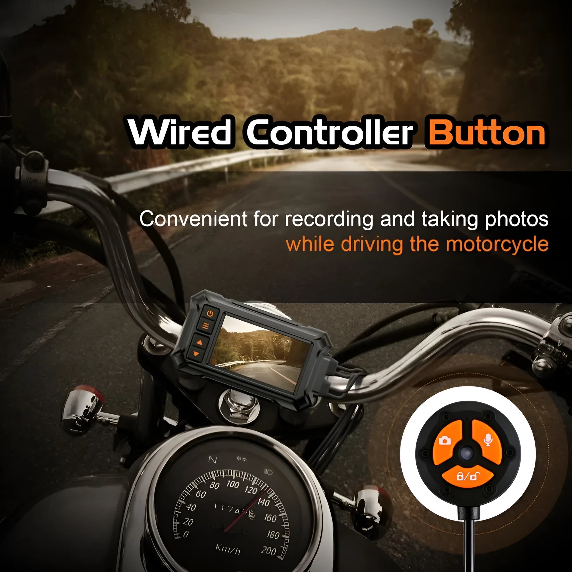 Motorcycle dual lens GPS recorder with 3 inch display showing waterproof body and mounting components