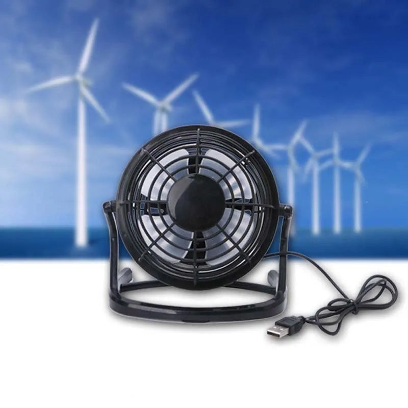 Adjustable mini USB desk fan in black colour with tilt mechanism and USB cable