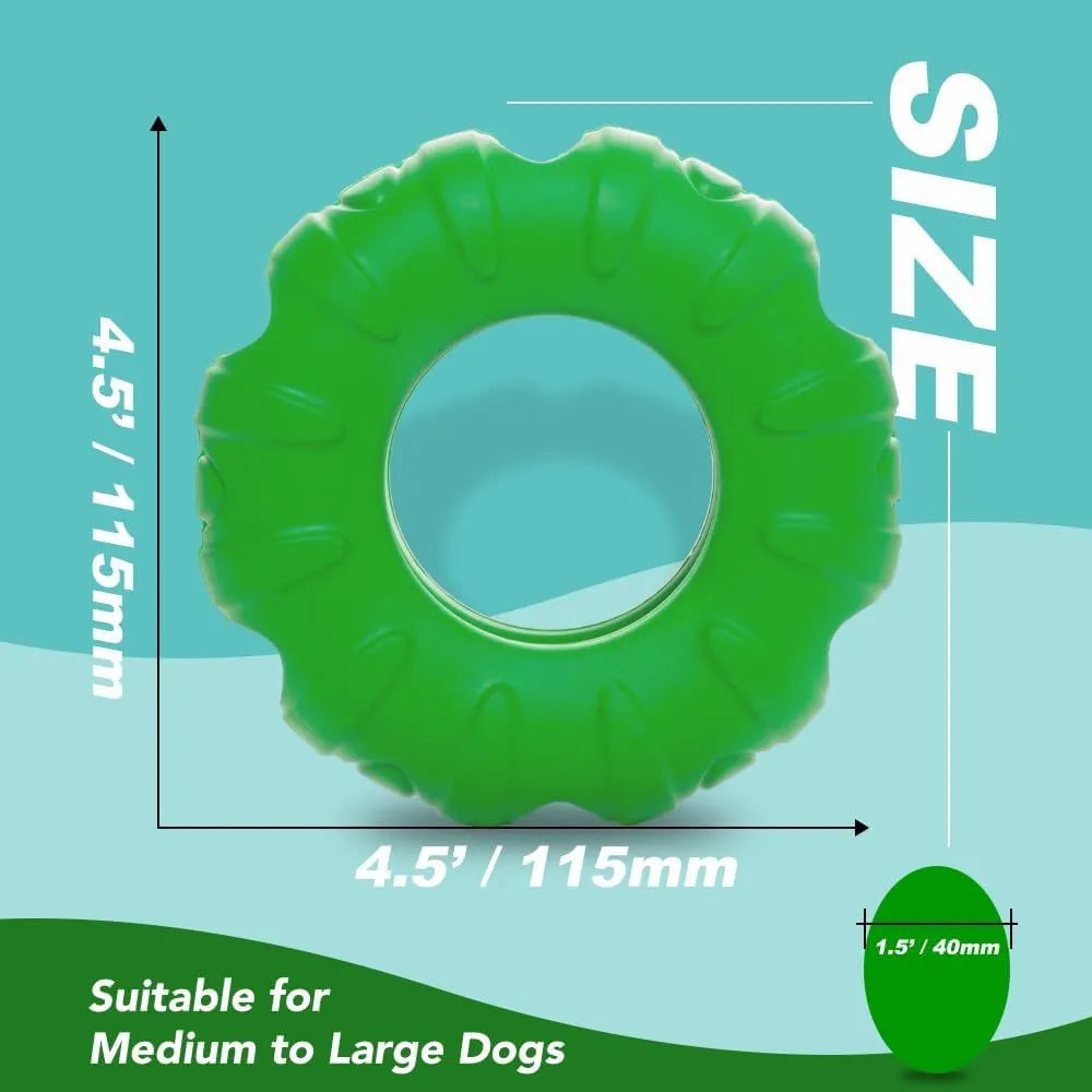 Beef-flavoured red rubber tyre dog chew toy with oval openings for treat dispensing