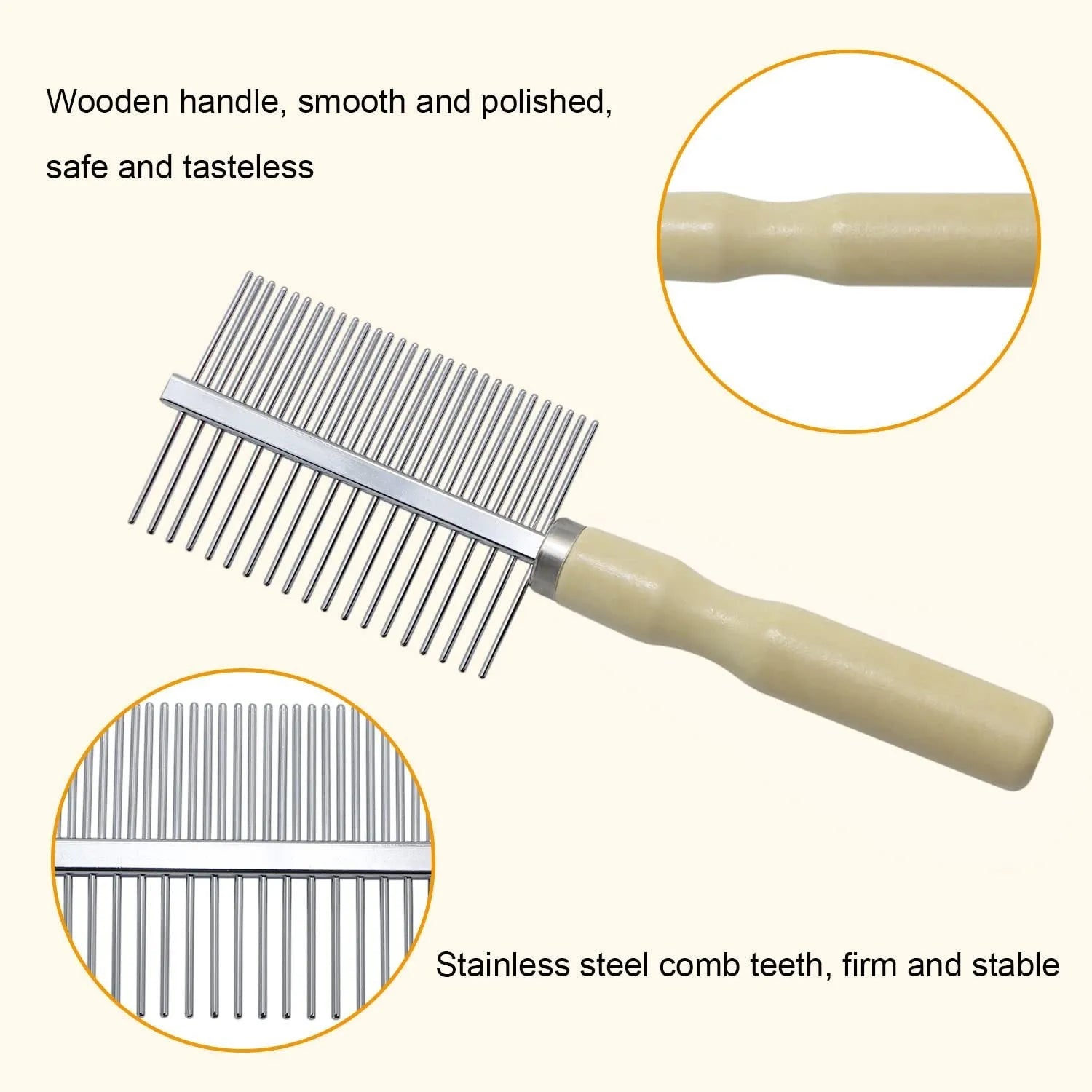 Wooden handle pet grooming comb for dogs and cats with rounded teeth