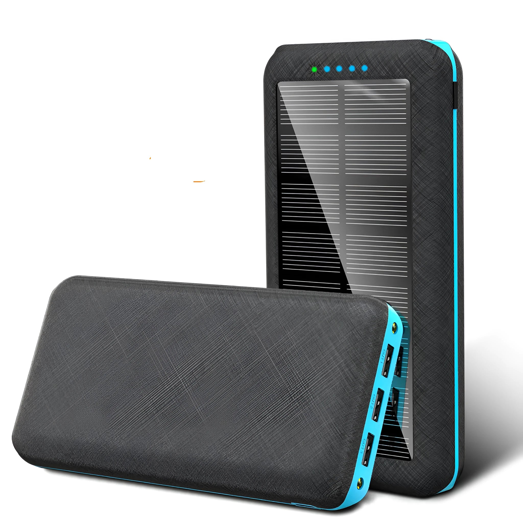 Black solar power bank with wireless charging pad, three USB ports, and an LED flashlight.