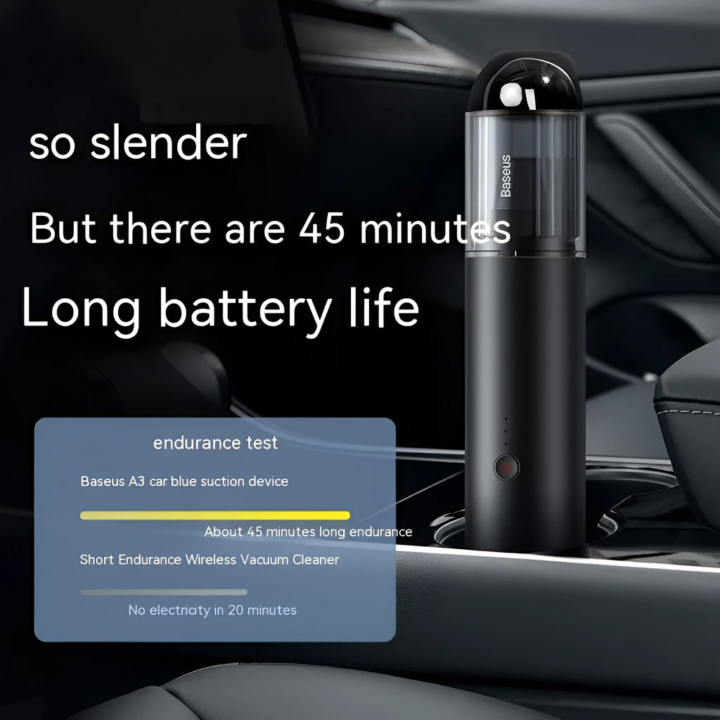 Black BASEUS A3 wireless car vacuum cleaner with cylindrical design and Type-C charging port.