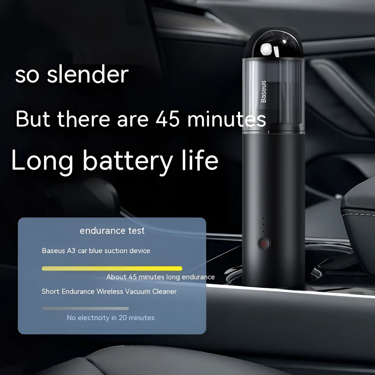Black BASEUS A3 wireless car vacuum cleaner with cylindrical design and Type-C charging port.