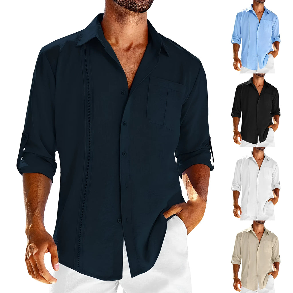 Men's gray cotton blend long sleeve shirt with polo collar and chest pocket.