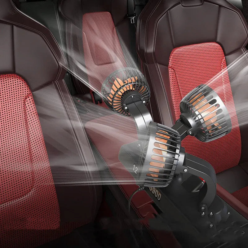 Three head automotive cooling fan with cigarette lighter and USB connections for vehicle use