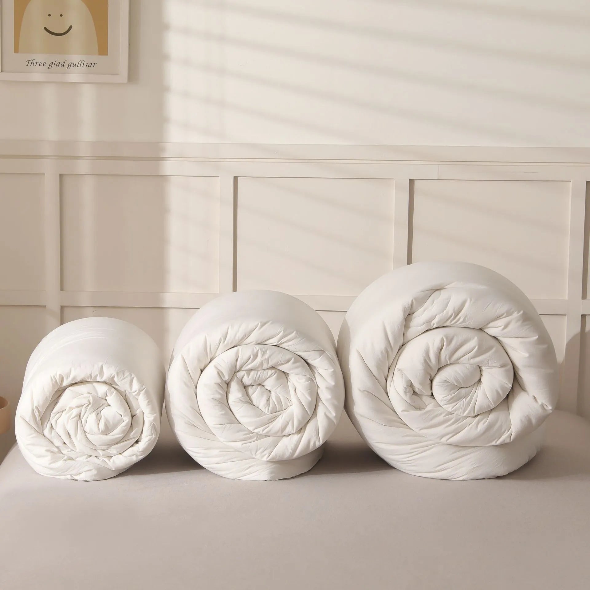 Soybean fibre quilt with pure cotton cover in white, grey, or pink jade, shown in various sizes on a bed.
