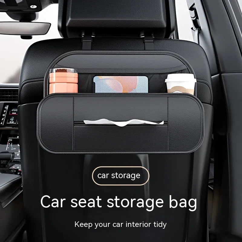 Black leather car seat rear storage bag with dimensions 36x8x24cm showing customisable compartments