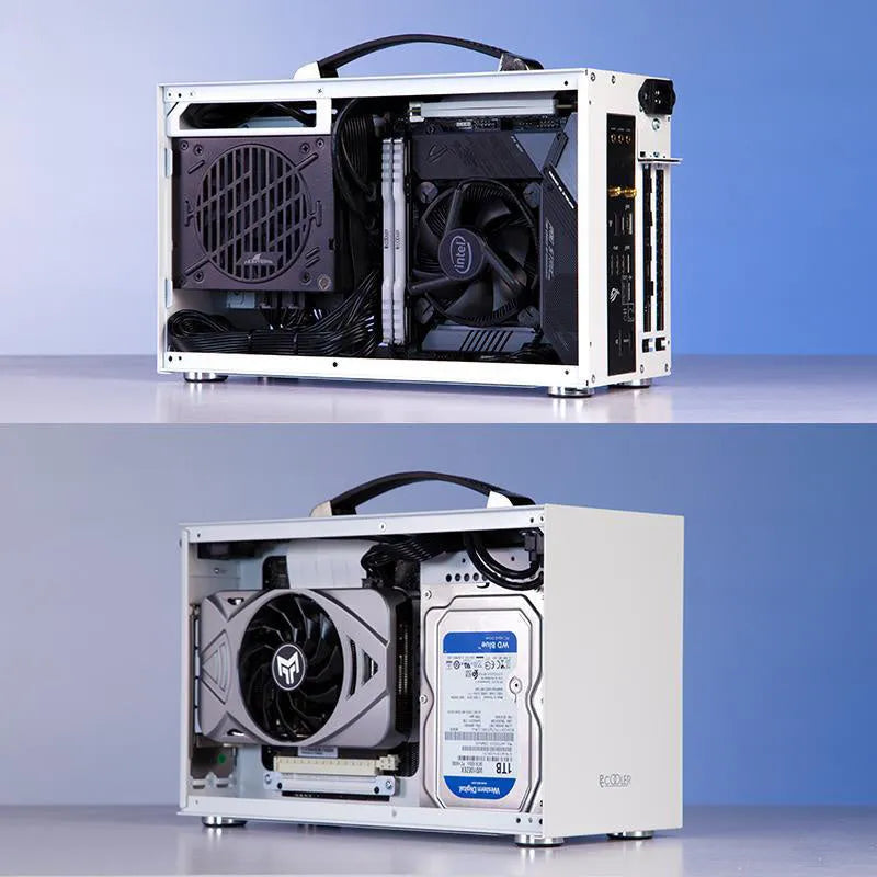 Hummingbird PRO ITX desktop computer case in titanium gray or white with tinned steel construction