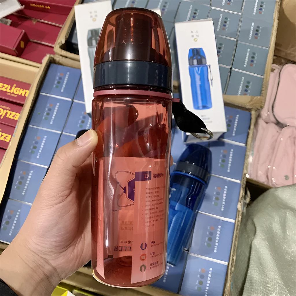 Chinese style portable water cup with tea compartment in blue, red, black, and grey colours