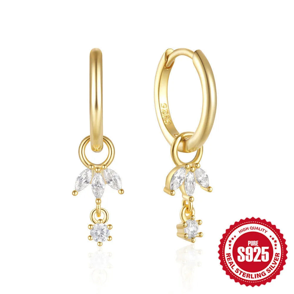 S925 sterling silver earrings with geometric sunflower design and golden three diamonds colour