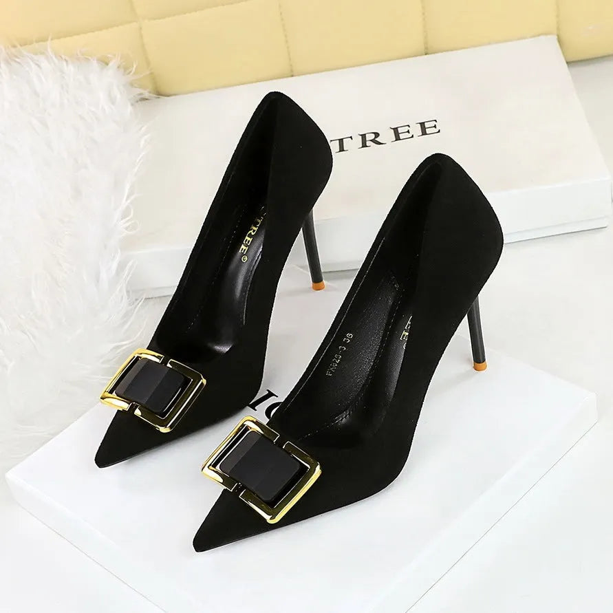 Black suede women's stiletto high heels with 9cm heel and pointed toe