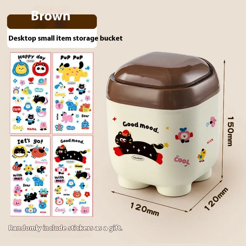 Plastic desktop storage box with cartoon stickers showing 2L capacity for stationery organisation