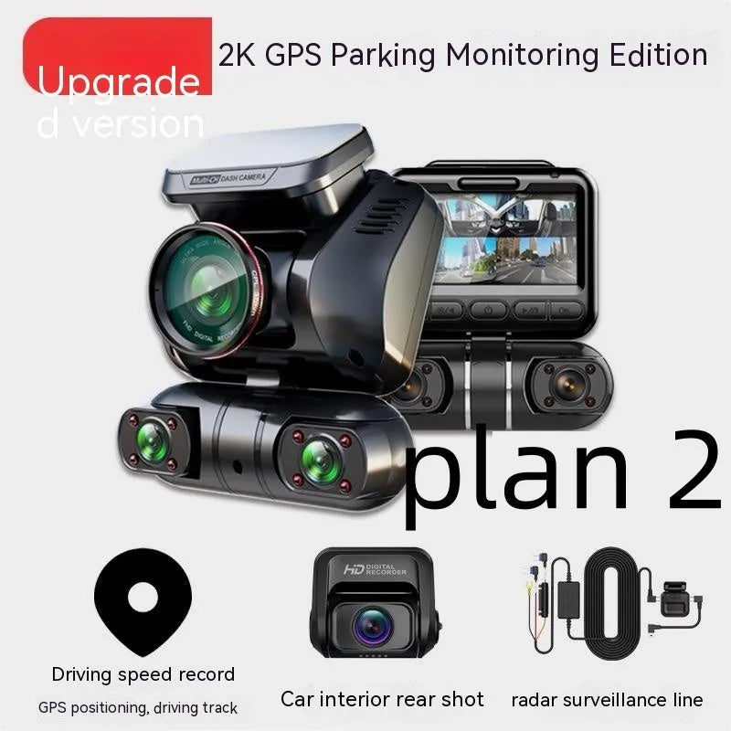 Black four-lens car dashboard camera with a 2-inch screen and compact plastic housing.