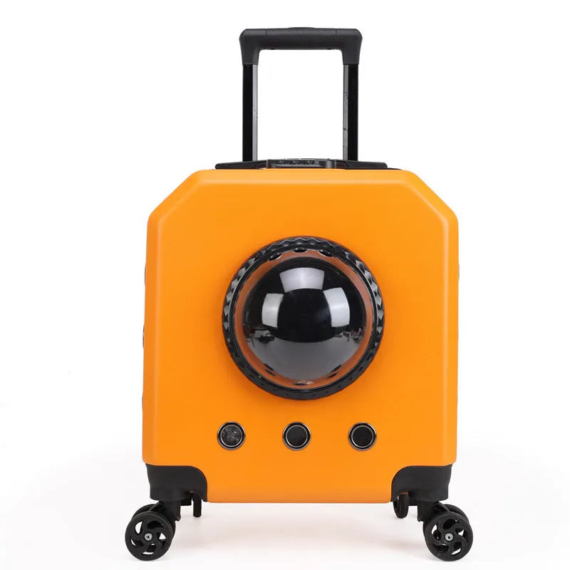 Hard PVC pet trolley case in orange colour with wheels and luggage compartment