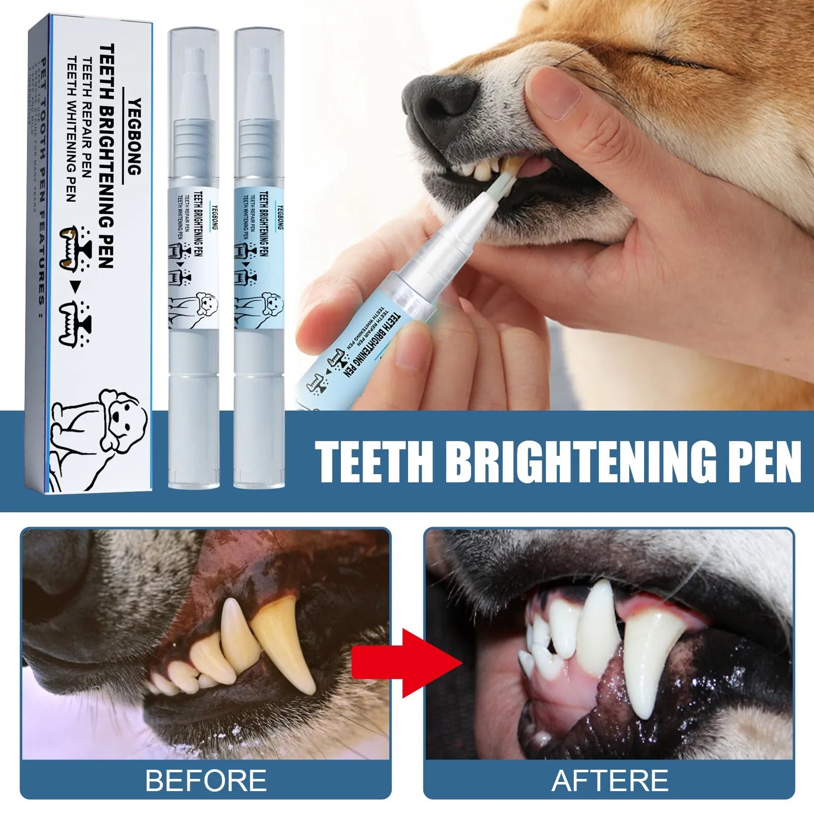 Pet teeth whitening pen and dental brush kit for dog and cat tartar removal.