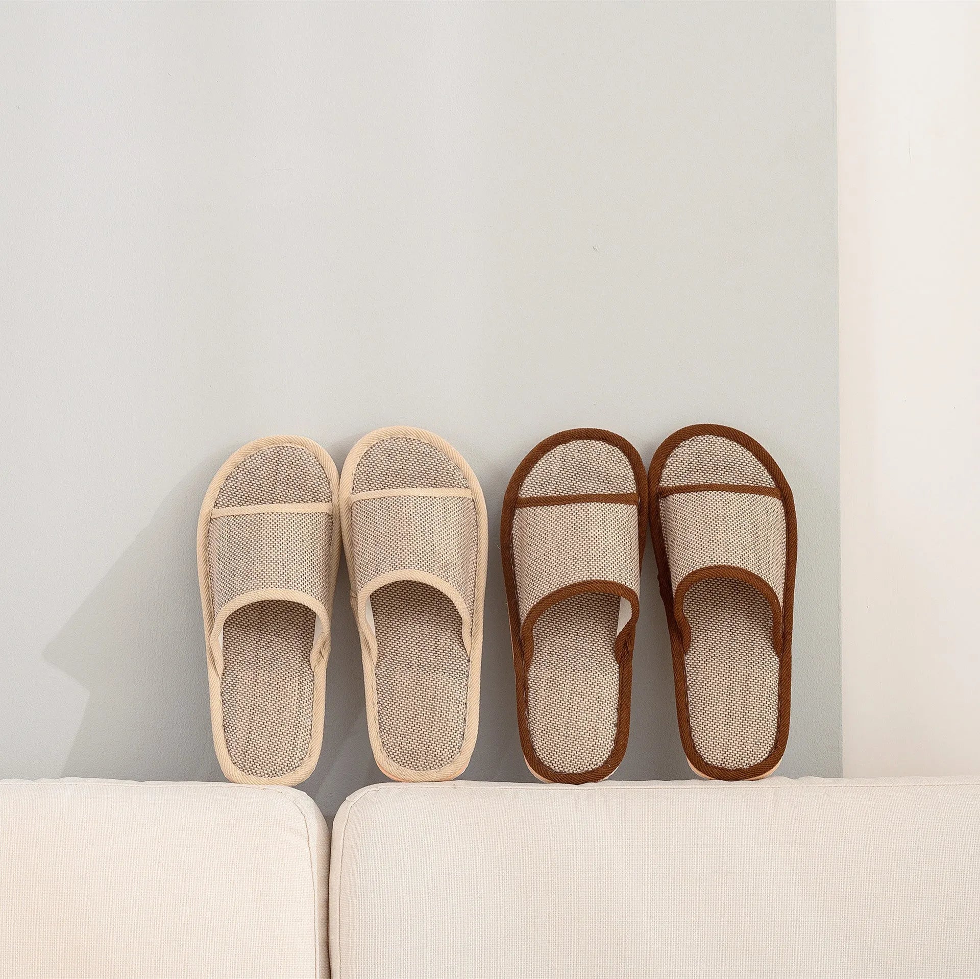 Women's linen open toe slippers in dark coffee and light brown with thickened sole