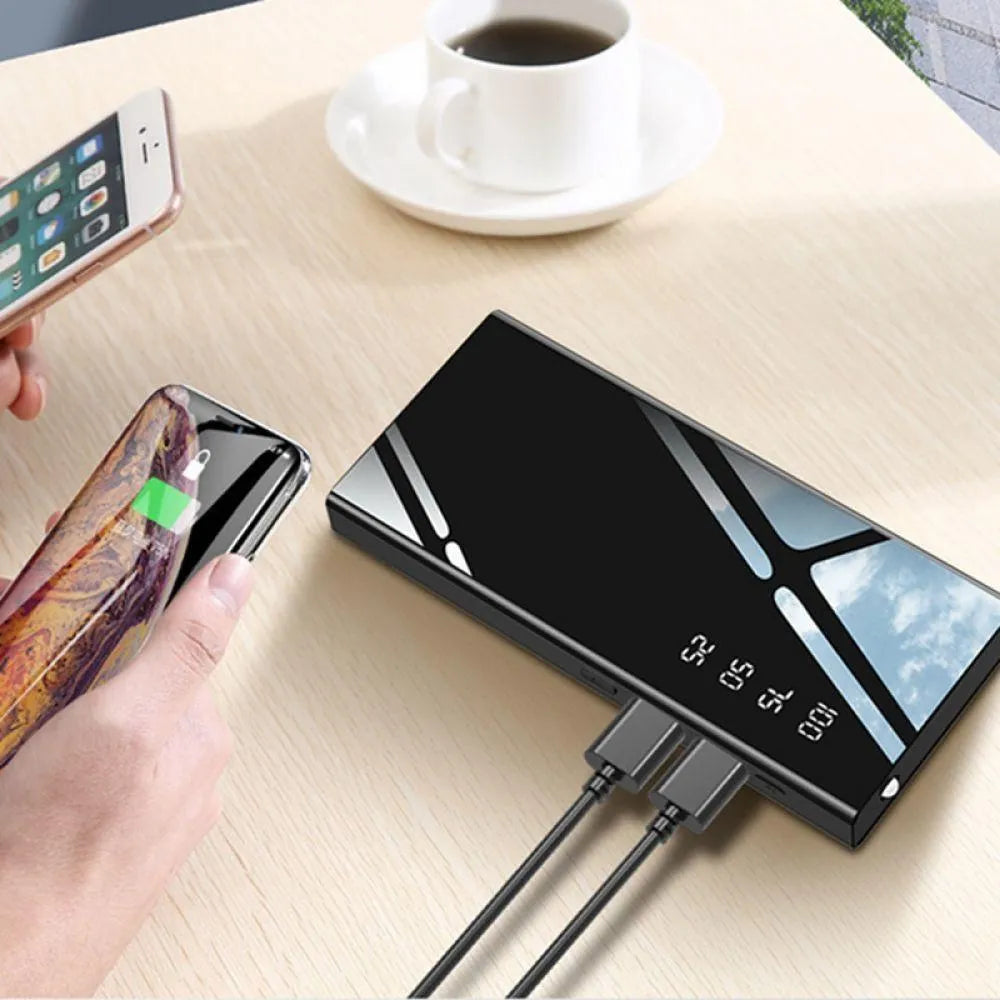 20000mAh power bank with LCD display showing battery percentage, dual USB ports, and compact design