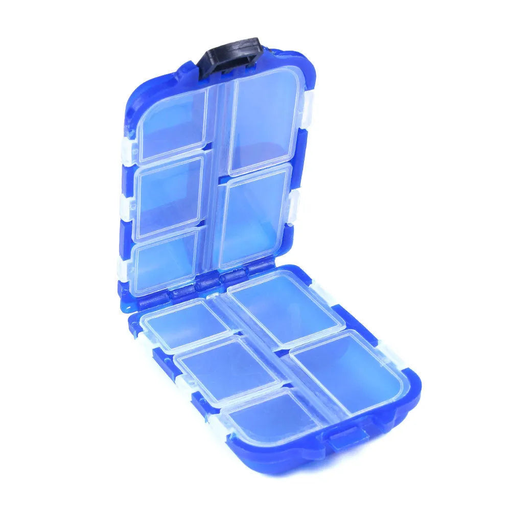 Plastic fishing accessories storage box with 10 compartments in black, green or blue colours