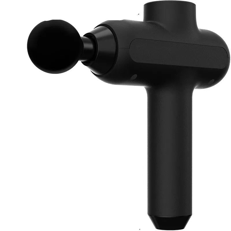 Handheld electric muscle massager with multiple attachment heads in black, red, or silver colour.