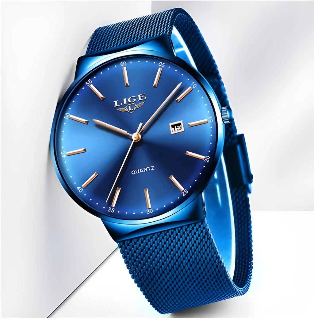Men's stainless steel watch with 40mm case, shown in black, blue, and black blue colour variations.