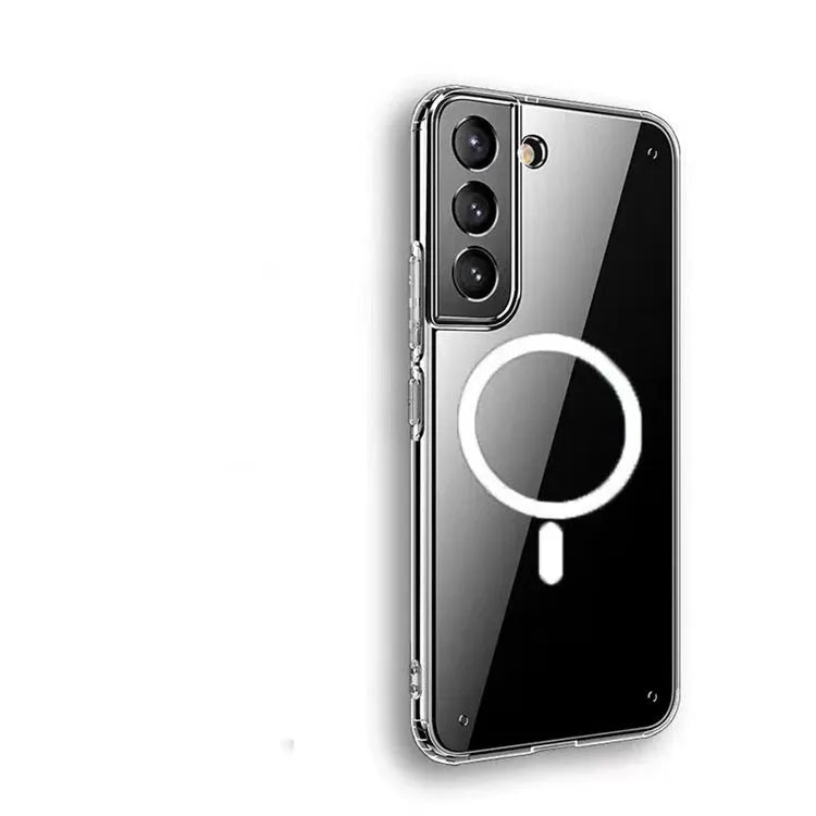 Transparent MagSafe magnetic phone case for Samsung smartphones showing magnetic ring and clear TPU material