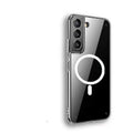Transparent MagSafe magnetic phone case for Samsung smartphones showing magnetic ring and clear TPU material