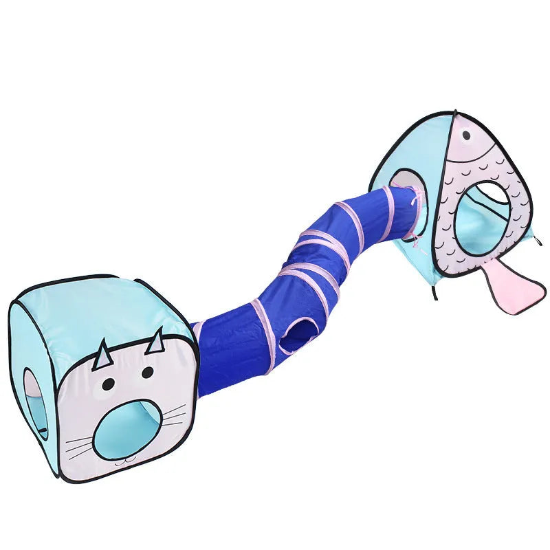 Foldable pet tent and tunnel set in a blue cat and fish design, showing the collapsible PP plastic frame.