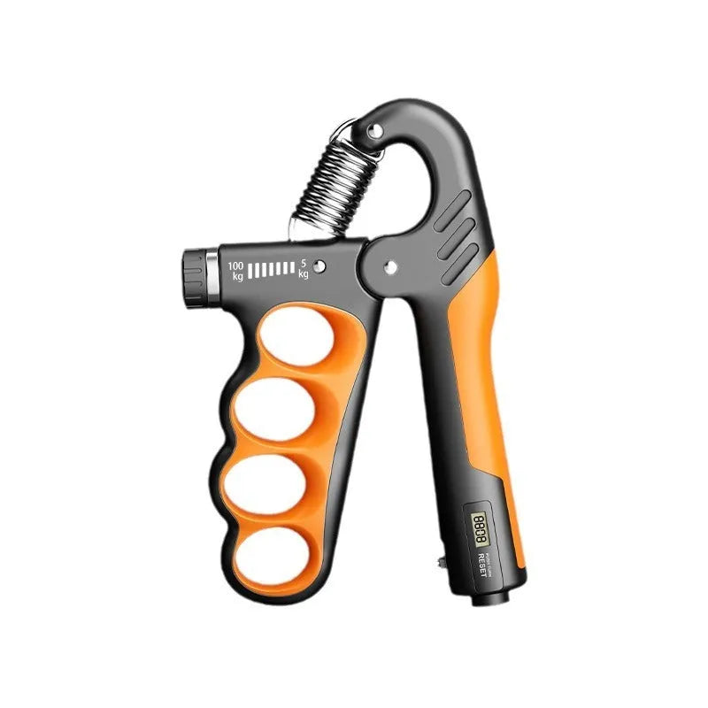 Adjustable electronic count spring grip with orange electronic counter display for hand strength training