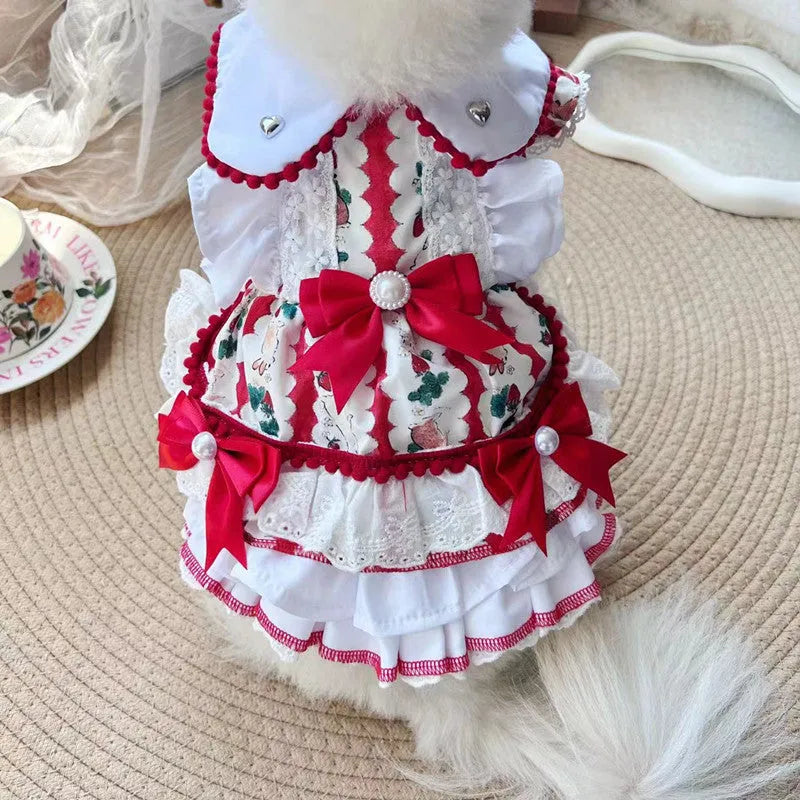 Princess-style rabbit skirt dog dress on a small dog, showing lightweight polyester construction.