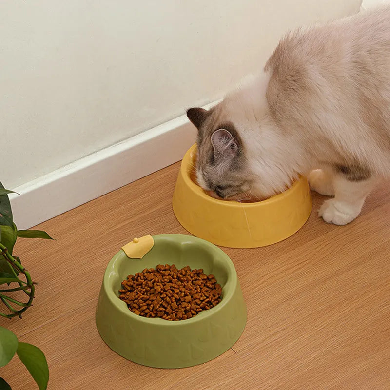 Green plastic double pet bowl with flower-shaped base for cat or small dog food and water.