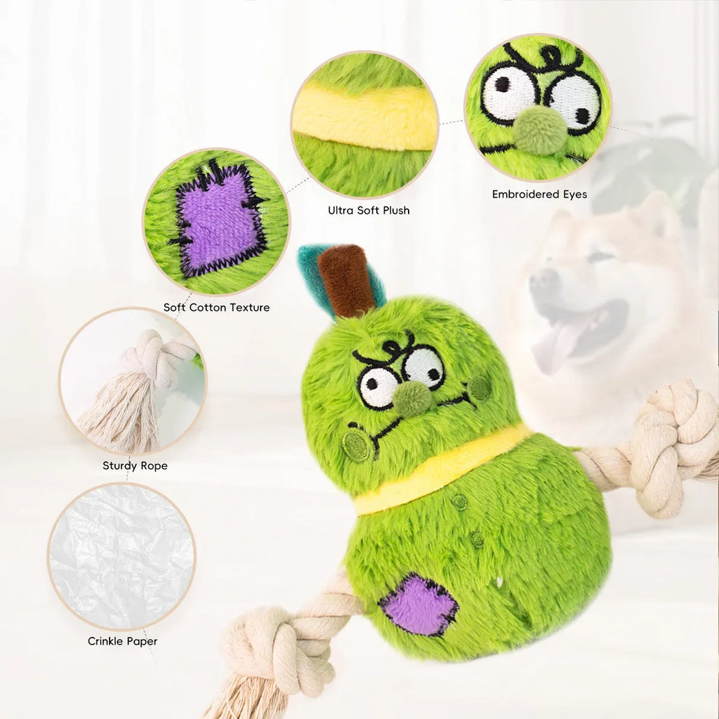 Green and purple plush rope knot dog toy with molar tooth shape for tug of war games.