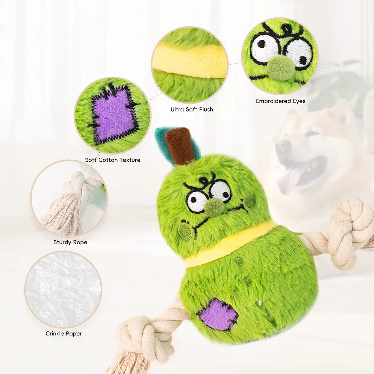 Green and purple plush rope knot dog toy with molar tooth shape for tug of war games.