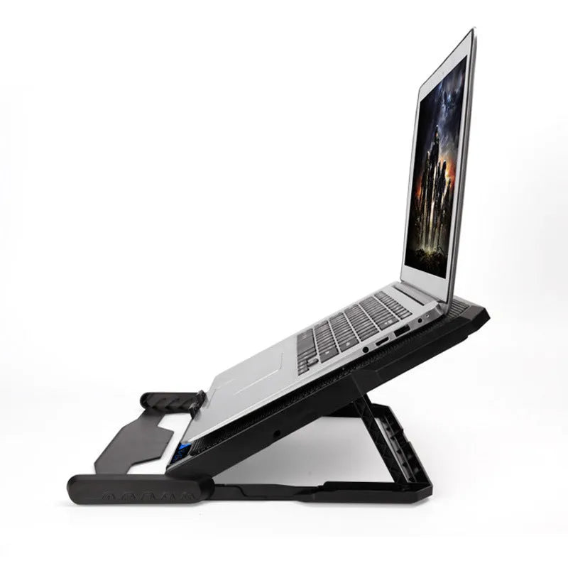 Metal mesh laptop cooling board in black, showing USB cable and raised design for notebook air cooling.