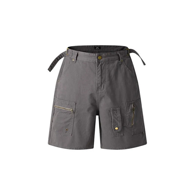 Retro workwear shorts in washed cotton cloth with zipper fastening and loose fifth pants length fit