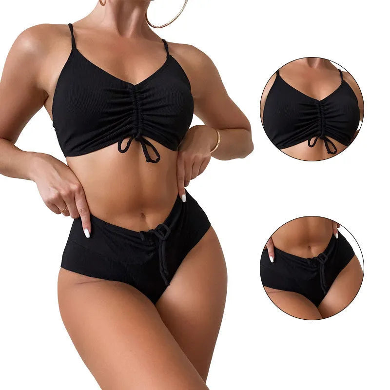 Black women's bikini swimsuit with sling split high waist design and matching shorts