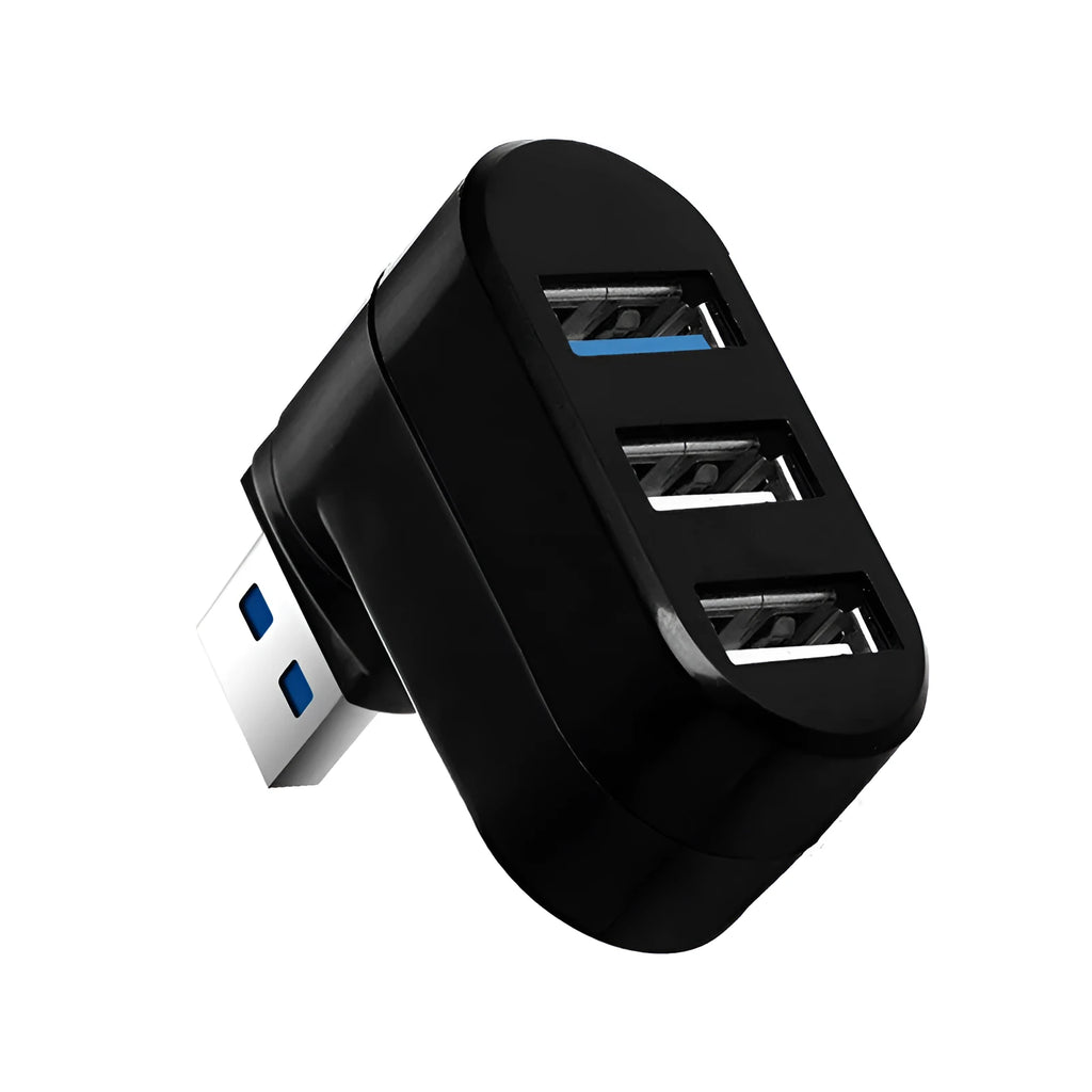 Black or white USB rotary splitter hub with four ports on a blister card packaging.