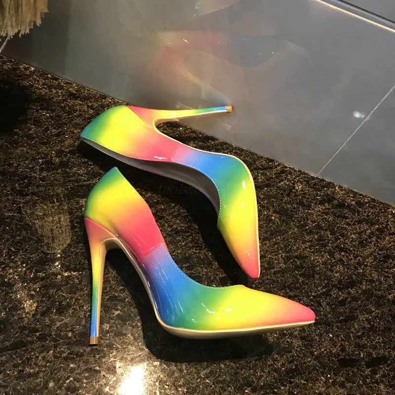 Rainbow colour patent leather women's high heels with pointed toe and thin ultra-high heel.