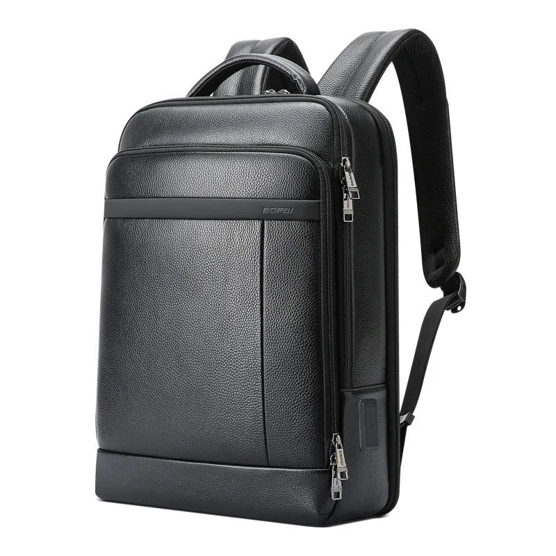 Black genuine leather commuter backpack with USB interface and curved shoulder straps