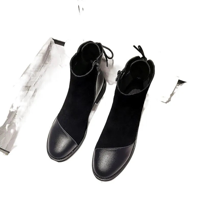 Women's black soft leather Martin boots with side zipper and non-slip rubber sole