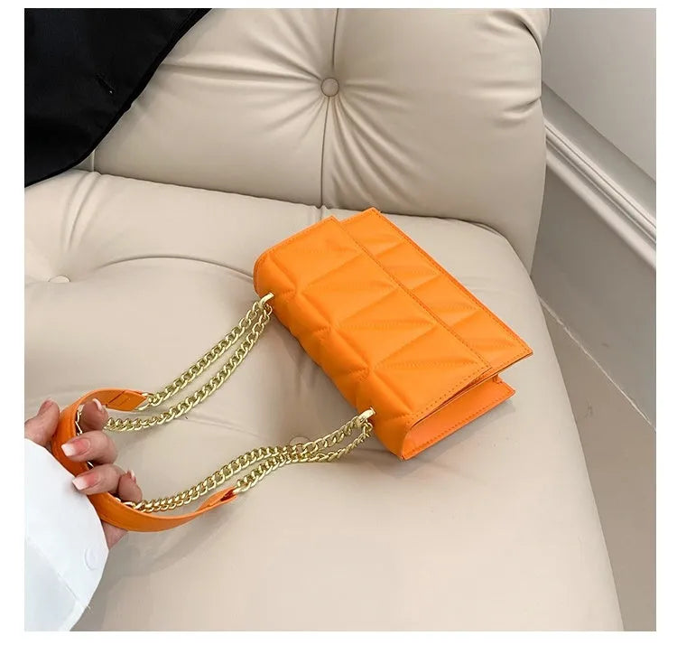 Small square PU crossbody bag with chain strap, 22cm wide, in white black green rose red or orange