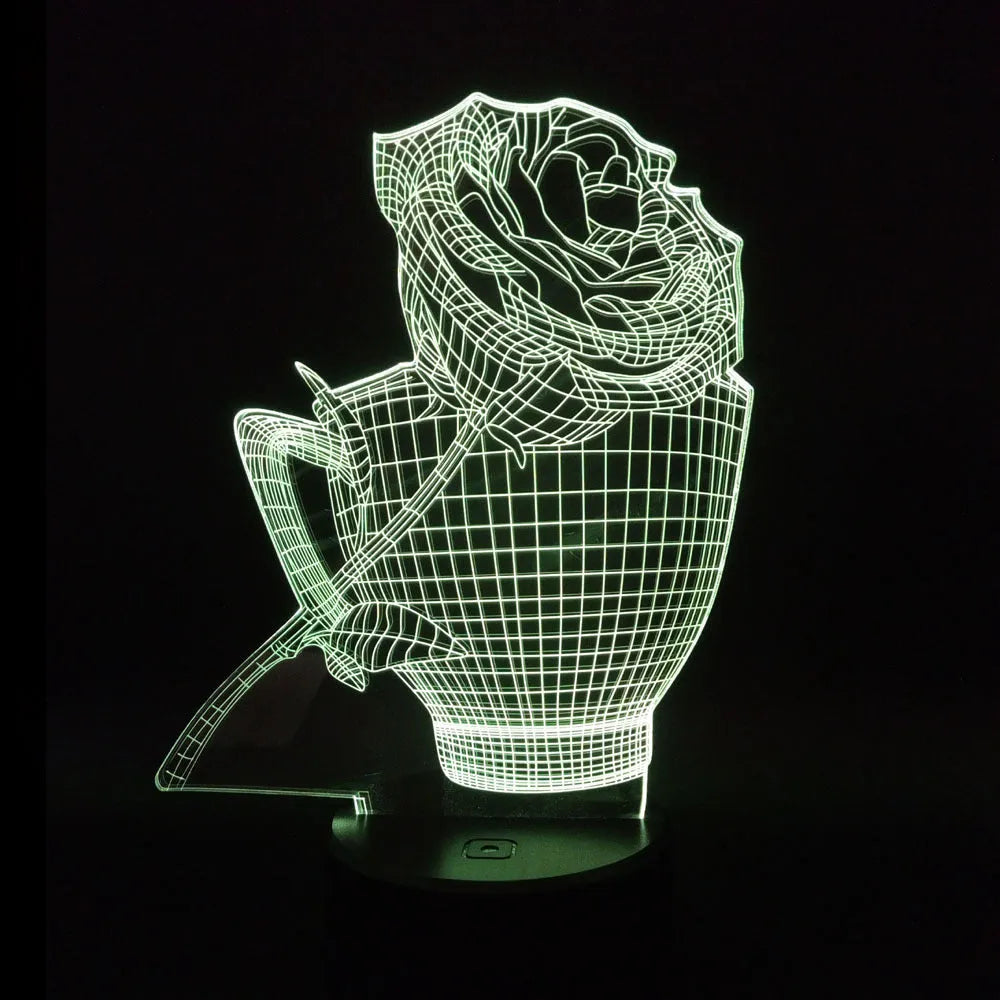 3D rose-shaped night light with colour-changing LED illumination on acrylic panel with ABS base