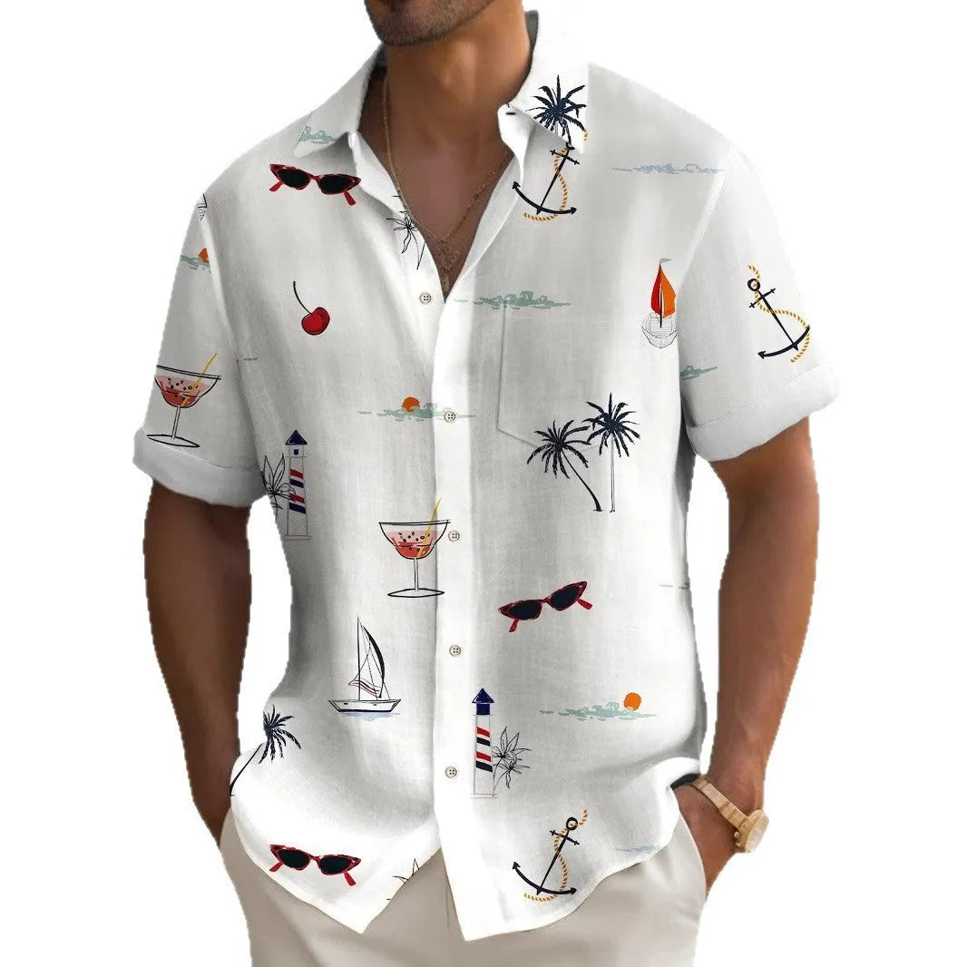 Men's loose fit Hawaiian shirt with digital print pattern, short sleeves.