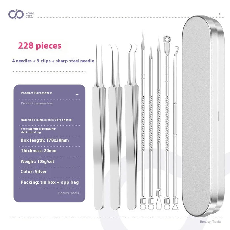 Four silver metal acne needles with fine points held together by a metal clip.