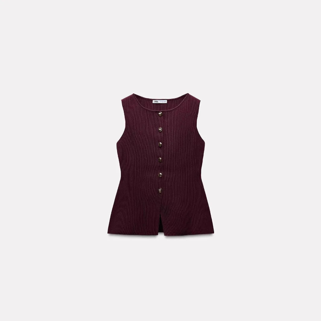 Slim-fit dark red viscose vest with gold buttons and a 3D textured pattern.